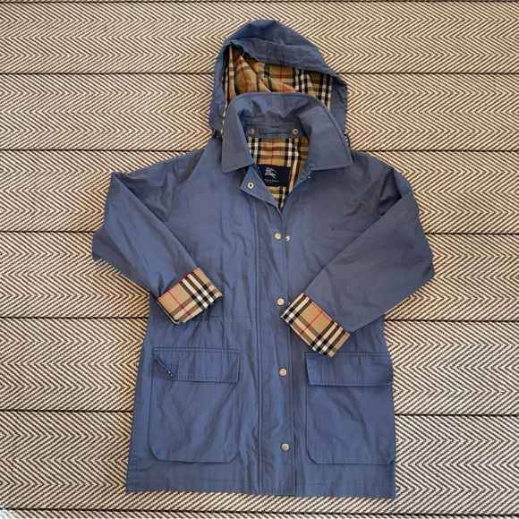 Burberry Jackets & Blazers - Burberry Blue Trench Coat with Hood and Classic Plaid Lining